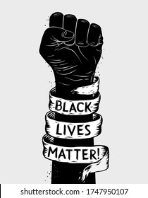 Protest poster with text BLM, Black lives matter and with raised fist