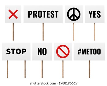 Protest posters. Realistic banners of protester people on political strike. Peace, no war and mee too slogans. Square placards on wooden sticks. Vector set for demonstration and movement