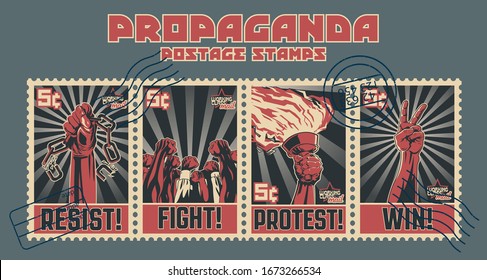 Protest Propaganda Postage Stamps, Retro Soviet Posters Stylization, Torch, Fist, Chains, Victory Symbol