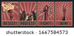 Protest Propaganda Poster Set, Retro Placards Style, Chains, Torch, Crowd, Victory Gesture
