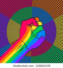 Protest rainbow color human fist. Colored hand with a fist raised up. Gay Pride. LGBT concept. Realistic style vector colorful illustration. Sticker, patch, t-shirt print, logo design.