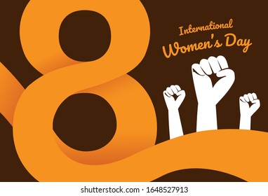 Protest with raised arm fist to claim to Women's Right and number 8 . Illustration about International Women's Day