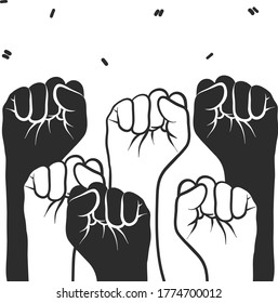 Protest. Raised Fist Hands black and white. Flat vector illustration.