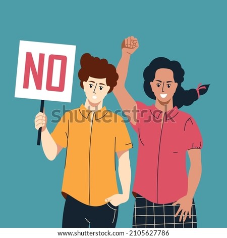 Protest, rally. The girl and the guy with the poster do not agree with what is happening. Vector image. 