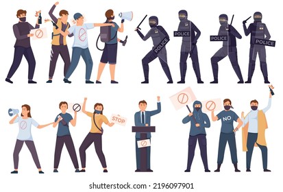 Protest revolution flat concept set the police against protesting group of people and the performance of oppositionist in front of his group vector illustration