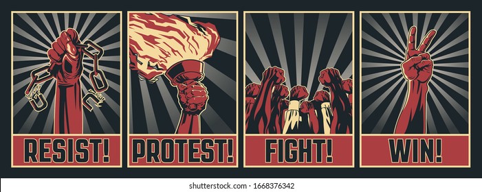 Protest, Revolution, Rebellion Poster Set, Hands, Torch, Chains, Black Red White Background