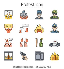 Protest , revolution, strike, icon set in color line style