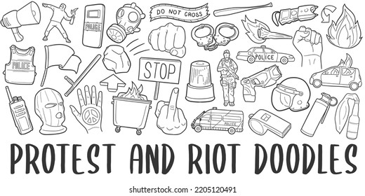 Protest and Riot Doodle Banner Icon. Manifestation Vector Illustration Hand Drawn Art. Line Symbols Sketch Background.