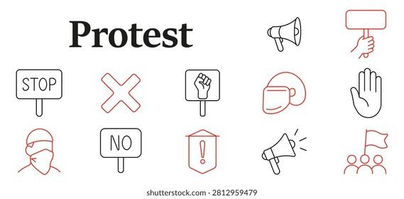 Protest set icon. Megaphone, placard, raised fist, boxing glove, warning banner, masked demonstrator, crowd rally, activism movement, political resistance symbols.
