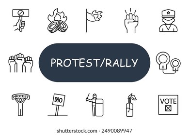 Protest set icon. Sign, tires, flag, fist, police, megaphone, no sign, riot, molotov, vote, demonstration, activism, civil rights, movement, rebellion, dissent, strike, rally, protest, crowd.