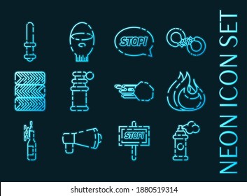 Iconos del conjunto de protestas. Estilo neón azul brillante.