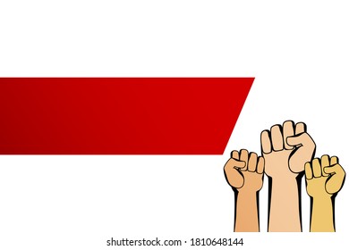 Protest sign fist on white. Support for the protesters in Belarus. Hope for change vector concept. Election vote. White red flag  symbol of peaceful protest. Social conflict.