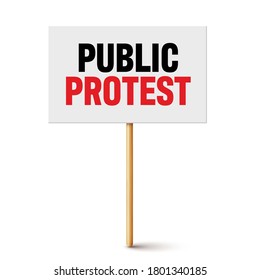 Protest sign with slogan on wooden holder. Realistic vector demonstration banner. Strike action cardboard placard mockup.