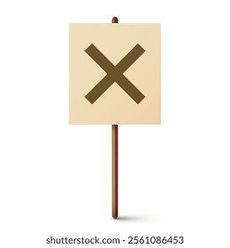 Protest sign with text slogan and wooden holder. Demonstration banner. Strike action cardboard placard mockup. Social advertisement. Vector illustration