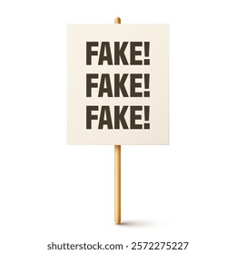 Protest sign with text slogan and wooden holder. Demonstration banner. Strike action cardboard placard mockup. Social advertisement. Vector illustration