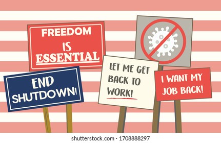 Protest signs to end quarantine isolation shutdown and lockdown in usa regarding covid-19 coronavirus ncov. vector illustration. united states of america flag colors.