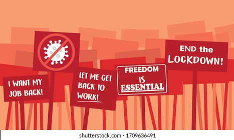 Protest signs to end quarantine isolation shutdown and lockdown in usa regarding covid-19 coronavirus ncov. vector illustration. 