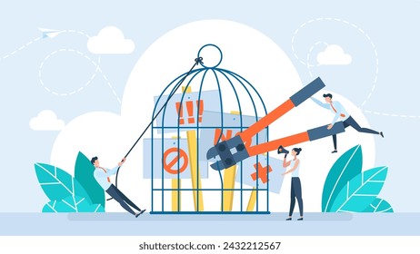 Protest signs, posters, banners locked inside prison.  Stop prison. Ban jail. Forbidden Red road sign. Warning Criminals. Fighting freedom of speech. Vector illustration