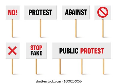 Protest signs with slogan on wooden holder. Realistic vector demonstration banner. Strike action cardboard placard mockup.