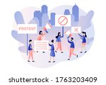 Protest and social activity concept. Parade, political meeting or rally. Tiny people protesters, holding banners, placards and megaphones. Modern flat cartoon style. Vector illustration 