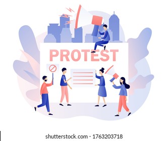 Protest and social activity concept. Tiny people protesters, holding banners, placards and megaphones. Parade, political meeting or rally. Modern flat cartoon style. Vector illustration