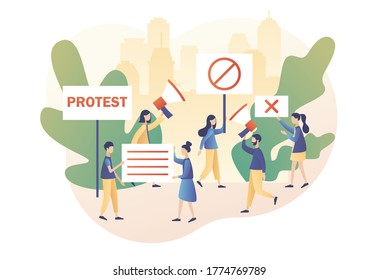 Protest and social activity concept. Tiny people protesters, holding banners, placards and megaphones. Parade, political meeting or rally. Modern flat cartoon style. Vector illustration 