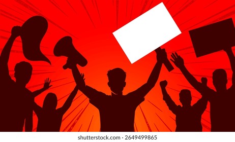 Protest and social movement illustration with raised blank poster for copy space and megaphones