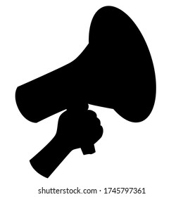 Protest speaker in hand black and white silhouette vector. 