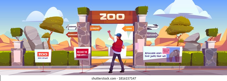 Protest to stop animal abuse, activist with banner strike against zoo and cruelty to pets. Man holding agitation poster at park entrance with pointer to cages, save nature cartoon vector illustration