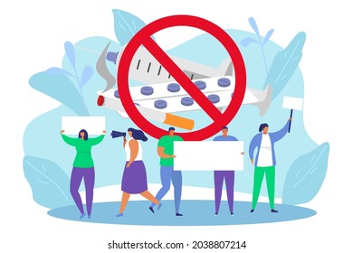Protest to stop illegal drugs, vector illustration, flat man woman character hold empty banner in hand, no narcotic concept, abuse danger design
