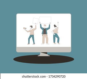 Protest Streaming On Computer O TV Screen. News About People Holding Placards. Persons Standing Together With Blanks. Woman And Two Men With Banners Taking Part In Parade, Picket. Vector Illustration.