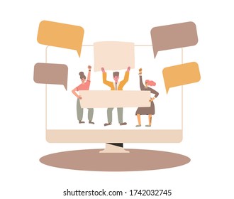 Protest Streaming On Computer O TV Screen. News About People Holding Placards. Persons Standing Together With Blanks. Man And Two Women With Banners Taking Part In Parade, Picket. Vector Illustration.