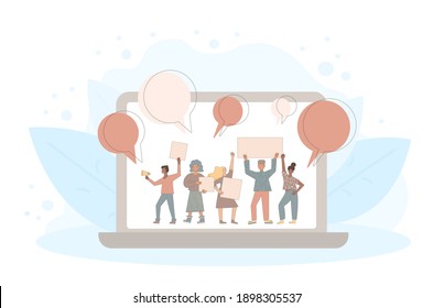 Protest streaming on laptop screen. News about people holding placards. Persons standing together with blanks. Women and men with banners taking part in parade, picket. Vector illustration.