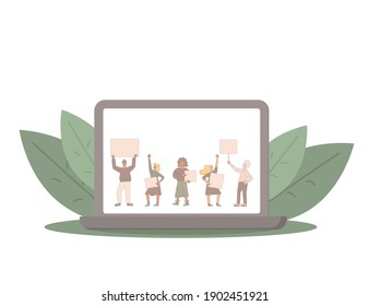 Protest streaming on laptop screen. News about people holding placards. Persons standing together with blanks. Women and men with banners taking part in parade, picket. Vector illustration.