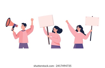 Protest. Street demonstration vector concept. People protest with a megaphone, holding blank banners, manifesting activists demonstrating empty signs. Illustration of placard protest, demonstrate.