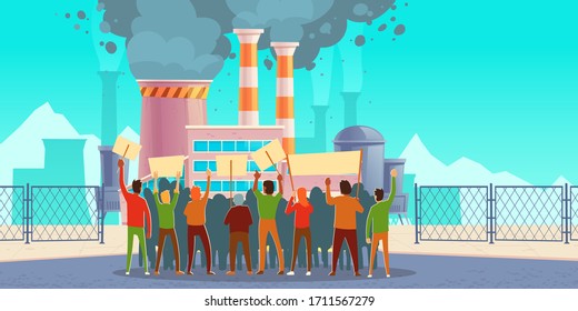 Protest strike against air pollution and climate change. Crowd of people with placards stand at factory with steaming pipes emitting co2. Ecology activists manifestation Cartoon vector illustration