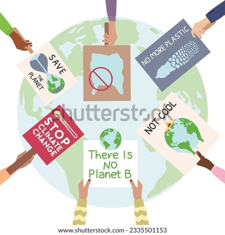 Protest strike against climate change and global warming. Set of hands with eco banners, placards in a circle. Save the planet, stop climate change, no plastic concept. Hand drawn vector illustration