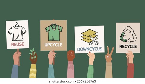 Protest strike against fast fashion waste and overconsumption. Set of human hands with eco banners, placards. Circular fashion economy, Sustainable eco-friendly fashion. Hand drawn vector illustration