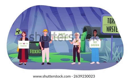 Protest strike against on toxic waste pollution. Save the planet. Crowd of people with placards stand at factory with pipes. Ecology activists manifestation. Go green. Cartoon vector flat illustration