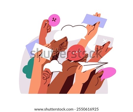 Protest, strike concept with hands holding negative feedback, bad opinion. Discontent crowd, public, community rally. Group communication. Flat vector illustration isolated on white background