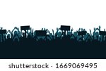 Protest and strike, demonstration and revolution concept. Silhouettes of crowd of people with raised up hands and flags. Political and human rights protest. Vector
