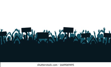 Protest and strike, demonstration and revolution concept. Silhouettes of crowd of people with raised up hands and flags. Political and human rights protest. Vector