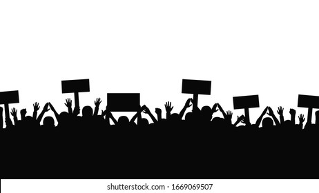 Protest and strike, demonstration and revolution concept. Silhouettes of crowd of people with raised up hands and flags. Political and human rights protest. Vector