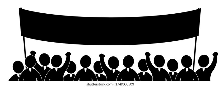Protest and strike, demonstration and revolution concept. Silhouettes of crowd of people with raised up hands and flags. Political and human rights protest. Vector.