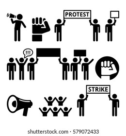 Protest, strike, people demonstrating or fighting for their rights icons set 