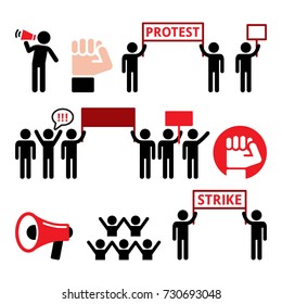 Protest, strike, people demonstrating or fighting for their rights icons set 