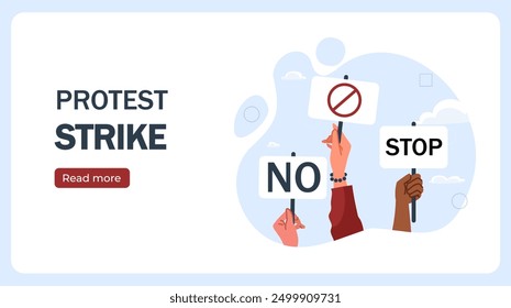 Protest strike poster. People with signs in their hands. Eco activists and volunteers. Freedom of speech and democracy, tolerance and unity. Landing page design. Flat vector illustration