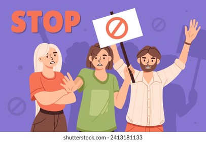 Protest strikes concept. Man and women with placard. Political activists. Freedom of speech and democracy, human rights. Stop discrimiation. Unity and tolerance. Cartoon flat vector illustration