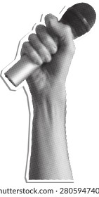 Protest symbol isolated graphic depicting a powerful fist holding a microphone in a stylized halftone dot pattern