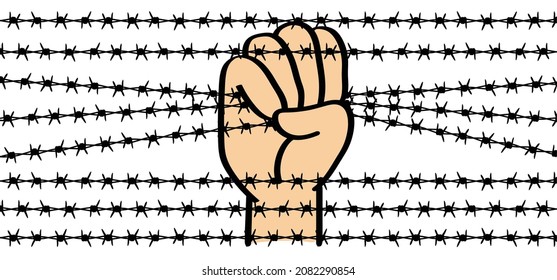 Día mundial de los refugiados, mano de caricatura sosteniendo alambre de púas. Puño cerrado con alambre de púas, resistencia y símbolo de revolución. No más esclavitud. Día del abolicionismo. Abolición. Icono o pictograma de la libertad del vector.